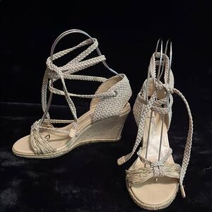 Via Spiga Jute & Wedge Gold Ankle Strap Sandals